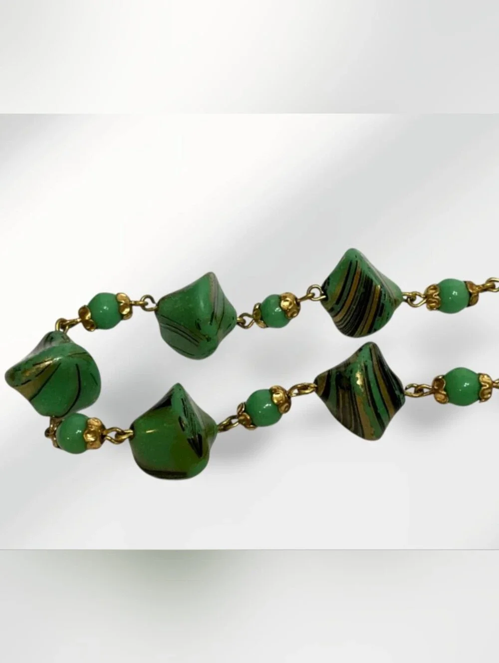 Vintage Green/Gold Marbled Statement Necklace – Long Artisan Strand Necklace
